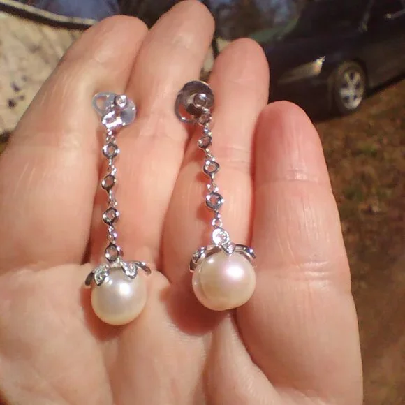HONORA Freshwater White Pearl Earrings With Cubic Zirconia 925 Sterling Silver - Picture 7 of 8